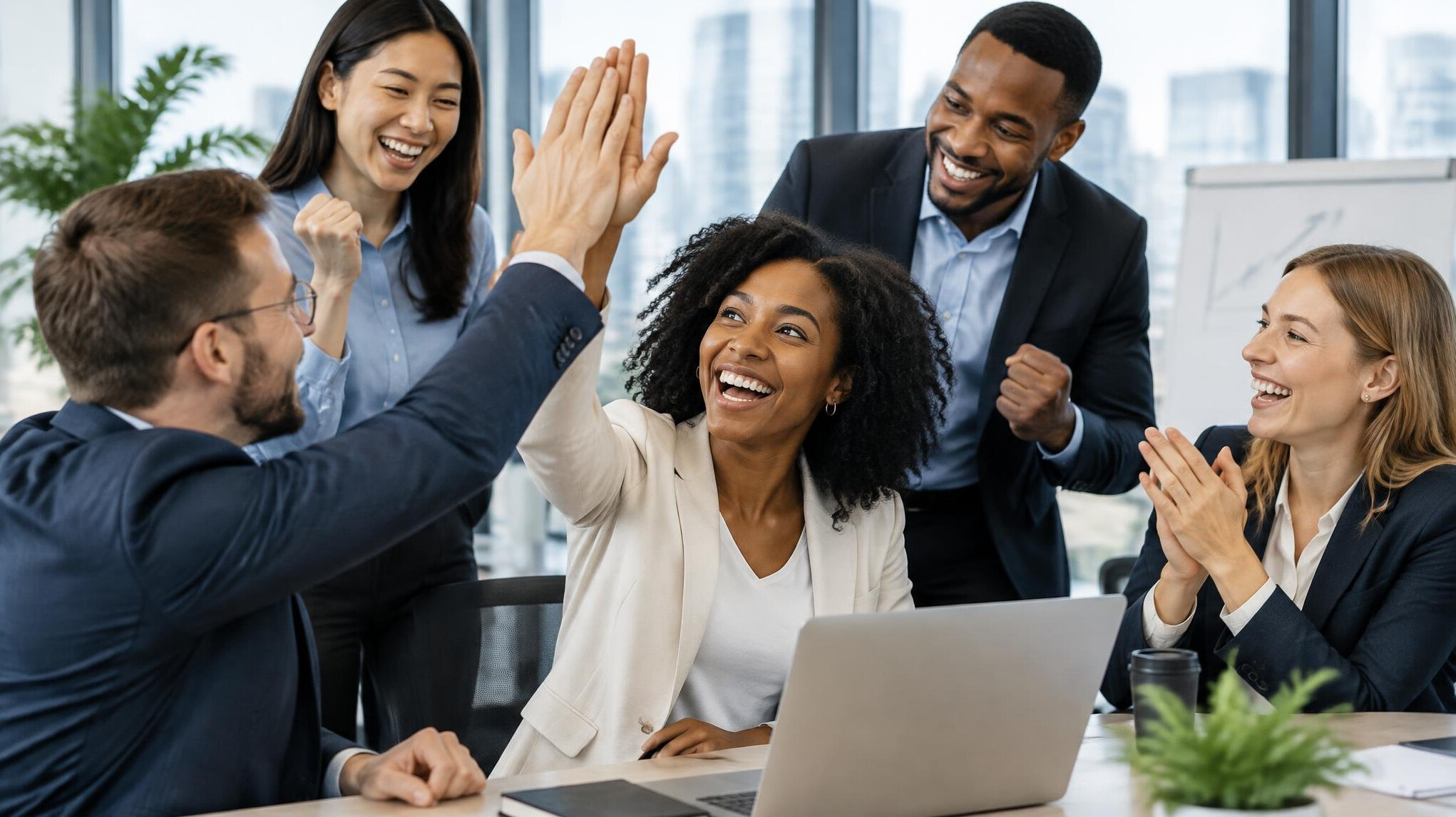 diverse business team celebrating success