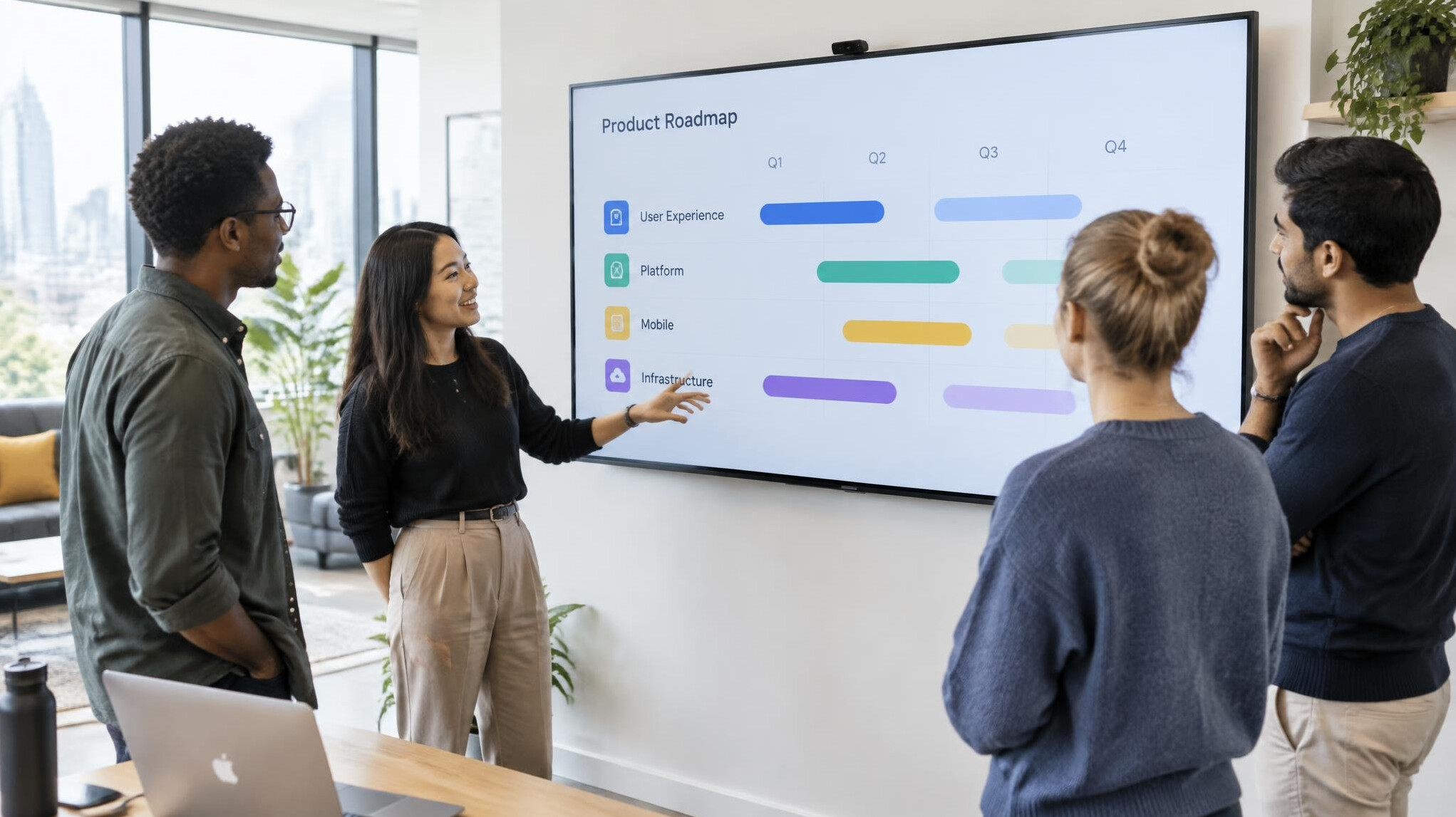 Software company office team reviewing a product roadmap on a large screen