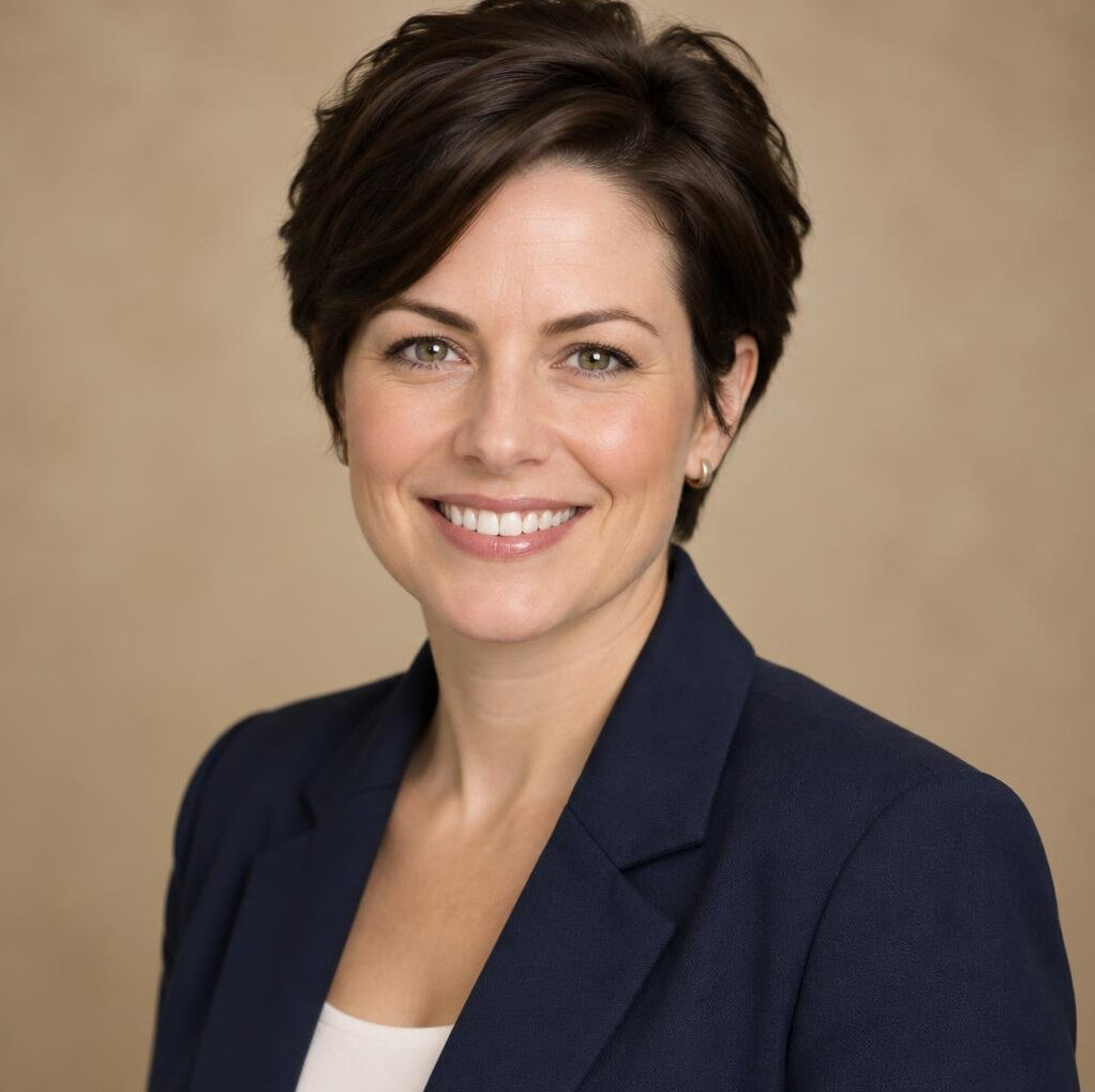 Studio portrait of a woman with short dark hair smiling, professional business attire