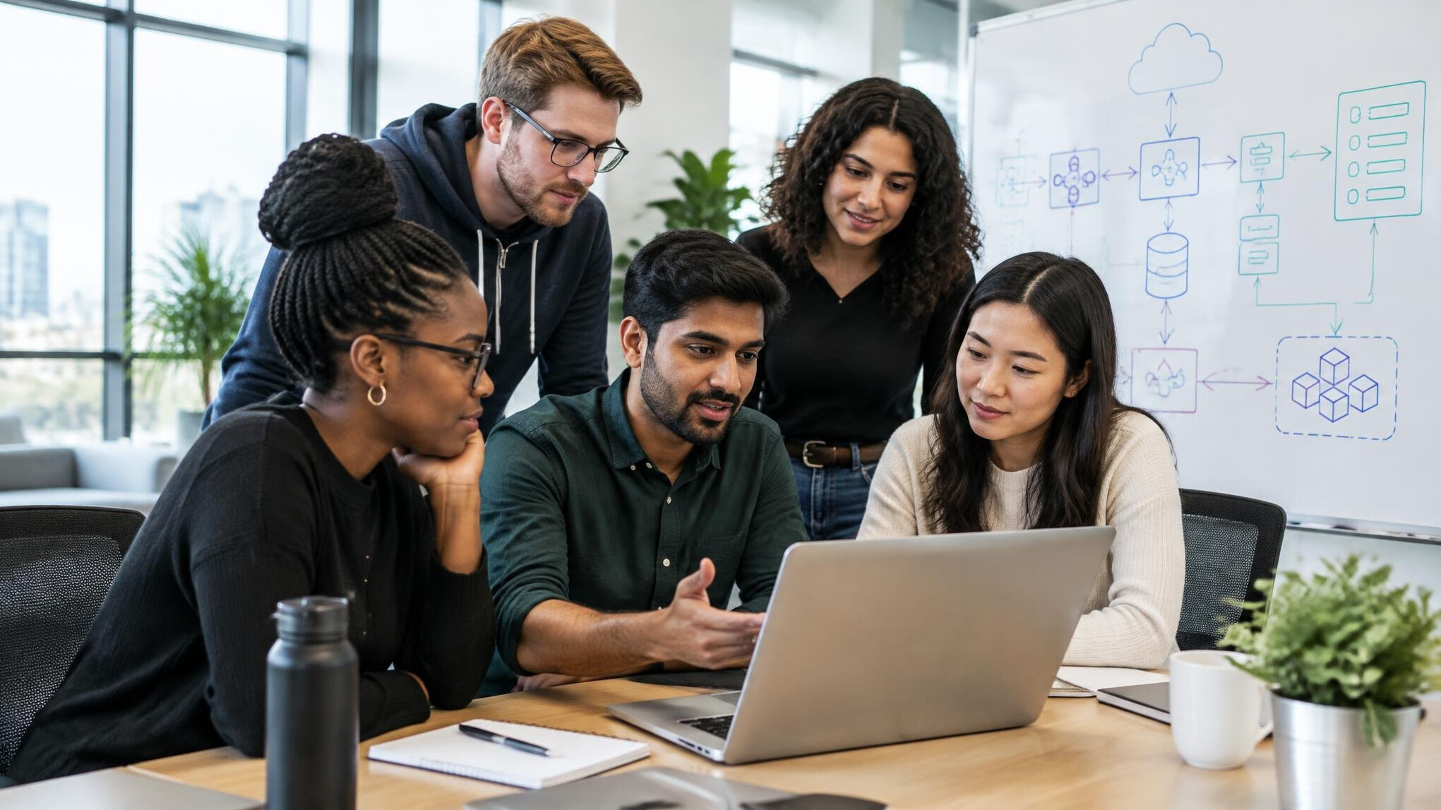 Diverse team of software engineers collaborating around a laptop in a bright office
