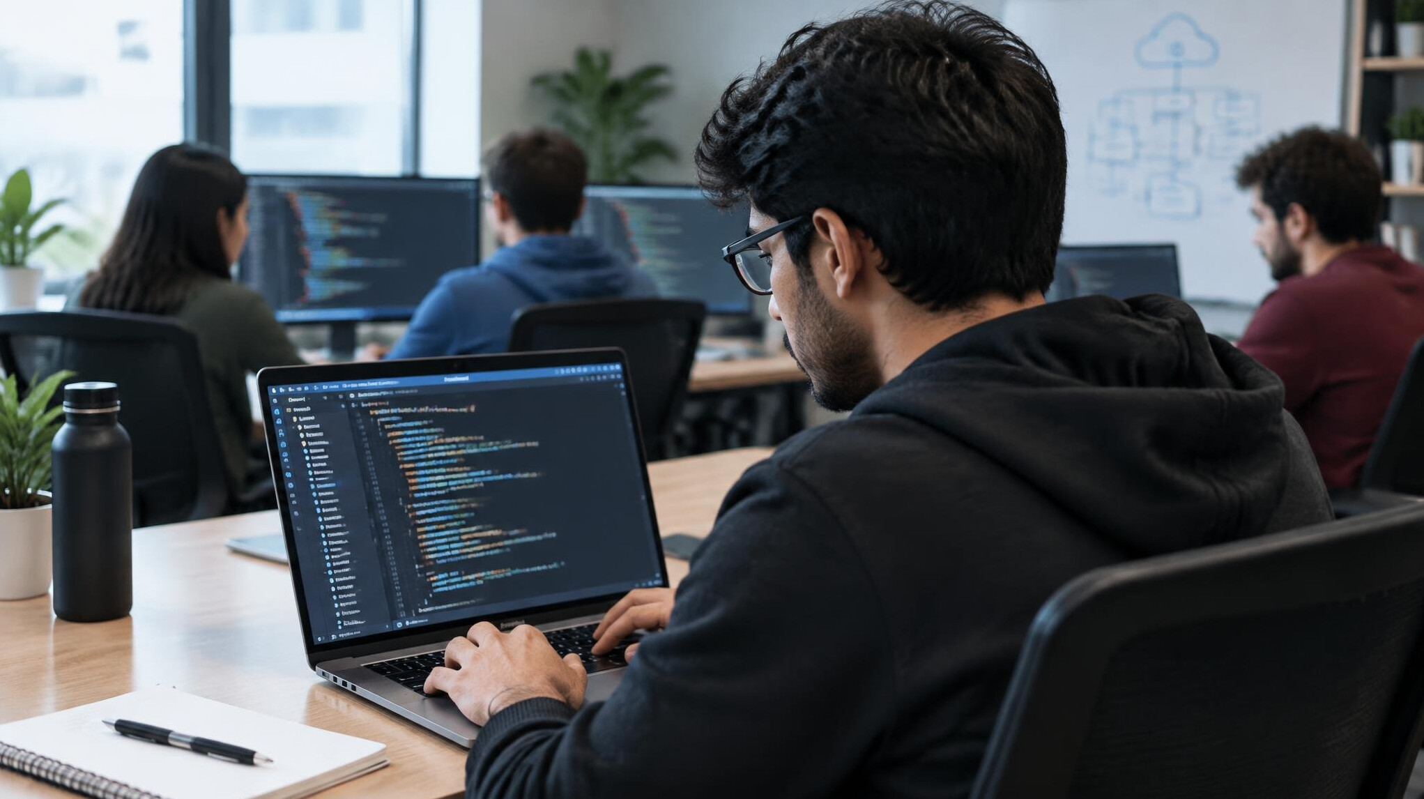 programmer writing code on laptop