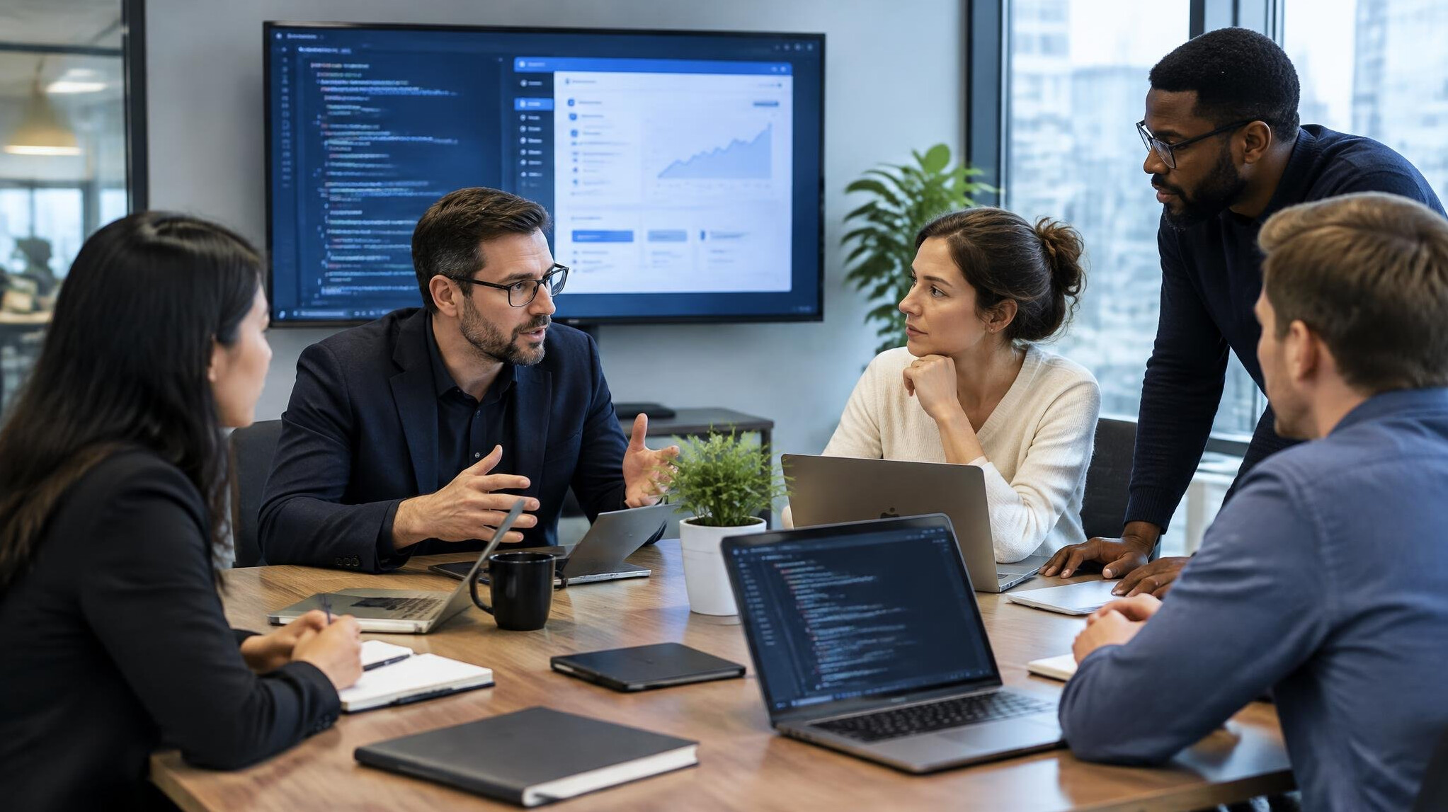business team meeting about software