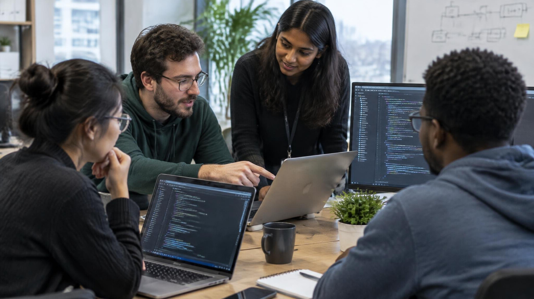 team reviewing code together